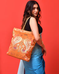 Orange Banarasi Silk Tote Bag